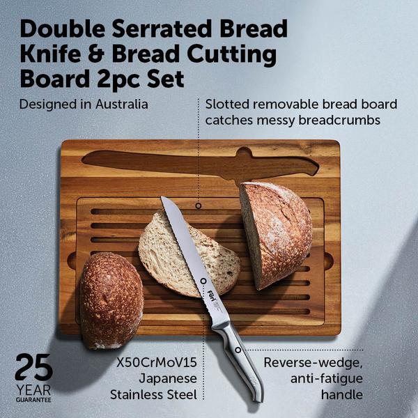 Pro Double Serrated Bread Knife & Bread Cutting Board Set 2 Piece