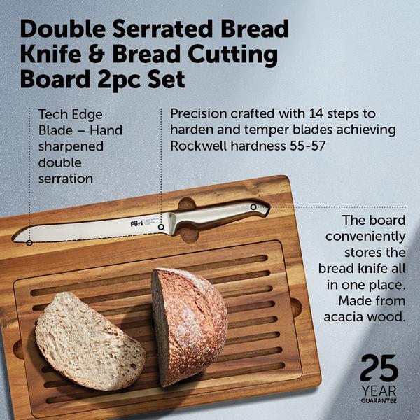 Pro Double Serrated Bread Knife & Bread Cutting Board Set 2 Piece
