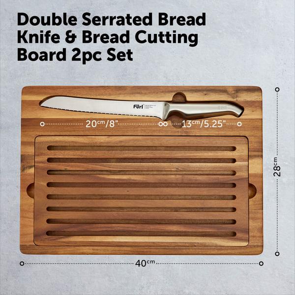 Pro Double Serrated Bread Knife & Bread Cutting Board Set 2 Piece