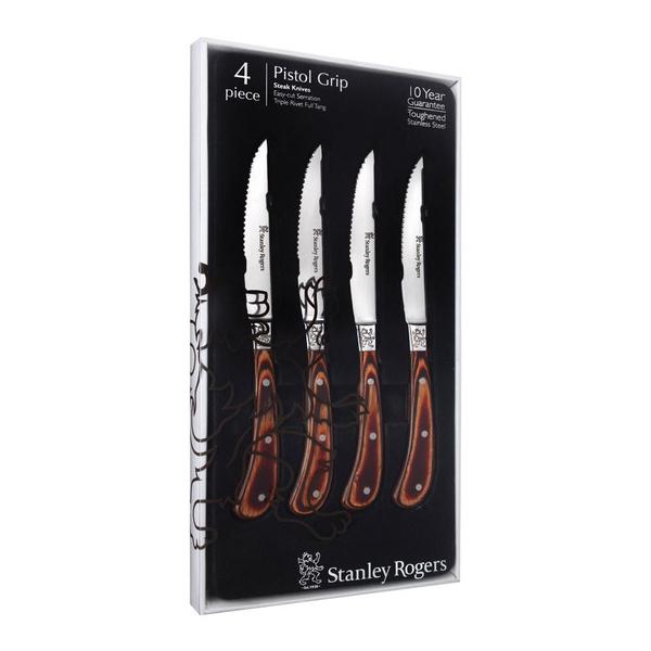Pistol Grip Woodland Steak Knives Brown 4 Piece Set