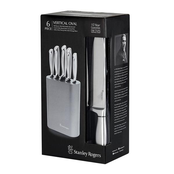 Vertical Oval Metallic Pewter Knife Block Set 6 Piece