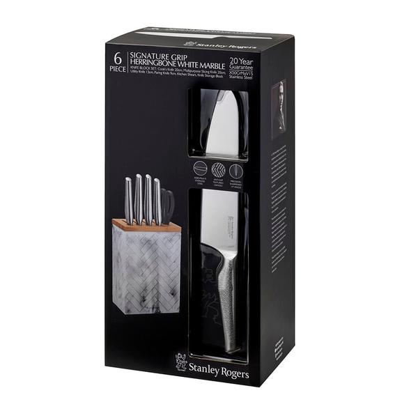 Signature Grip Herringbone White Marble 6 Piece Knife Block Set