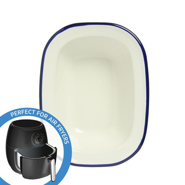 Enamel Oblong Pie Dish 200ml Blue Rim