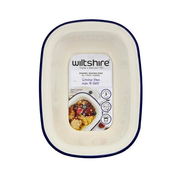 Enamel Oblong Pie Dish 400ml Blue Rim