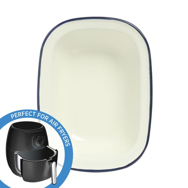 Enamel Oblong Pie Dish 400ml Blue Rim