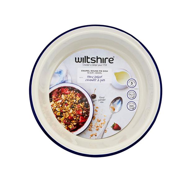 Enamel Round Pie Dish 19.5cm Blue Rim